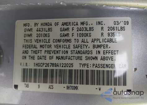 2009 Honda Accord 2.4 Ex z USA, uszkodzony, nr VIN 1HGCP26789A122025